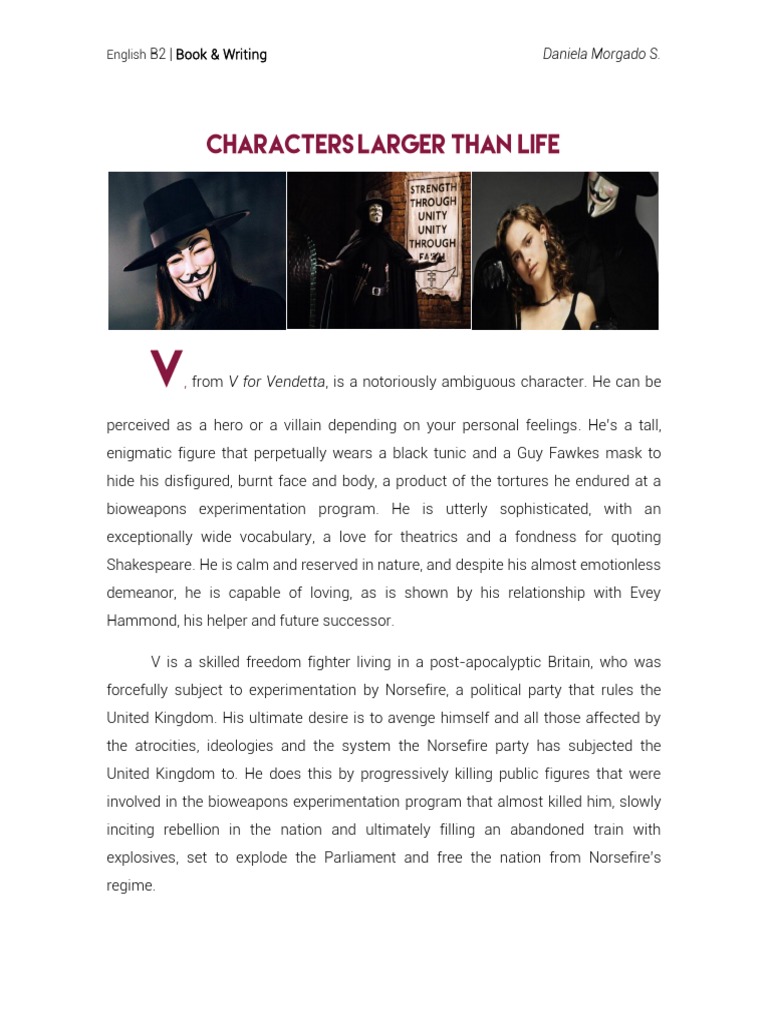V for Vendetta: Character Analysis | PDF