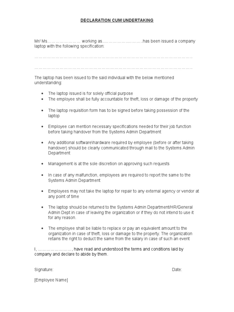 Laptop Declaration Cum Undertaking Form | PDF