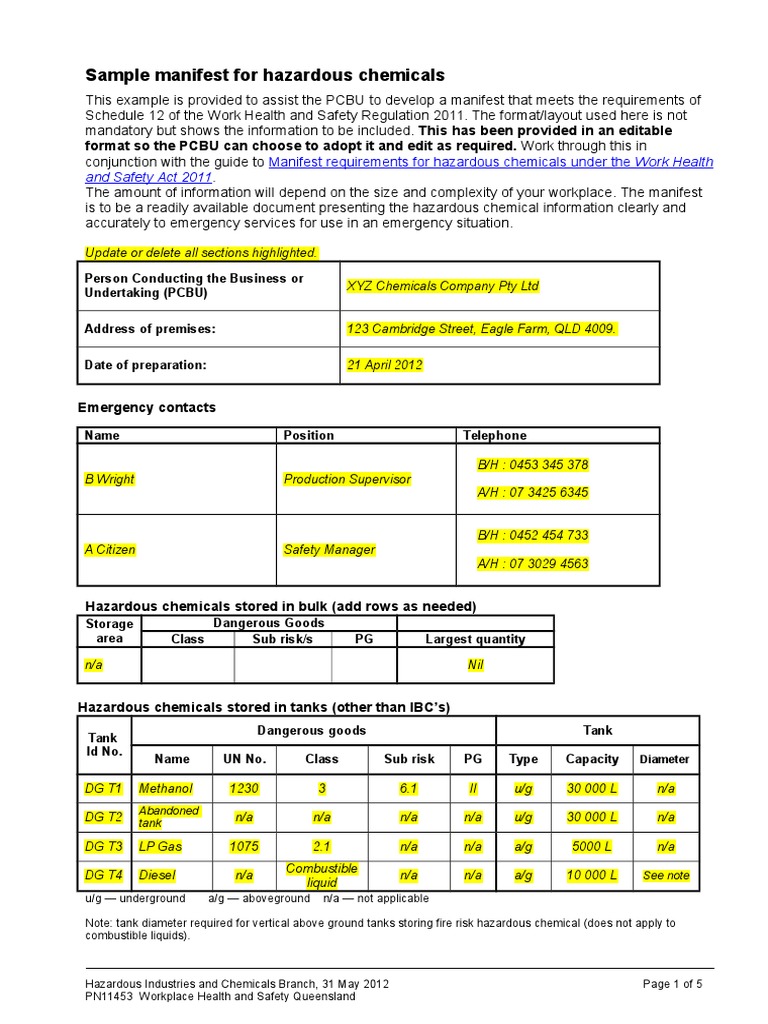 Sample Manifest Hazardous Chemicals Dangerous Goods Occupational