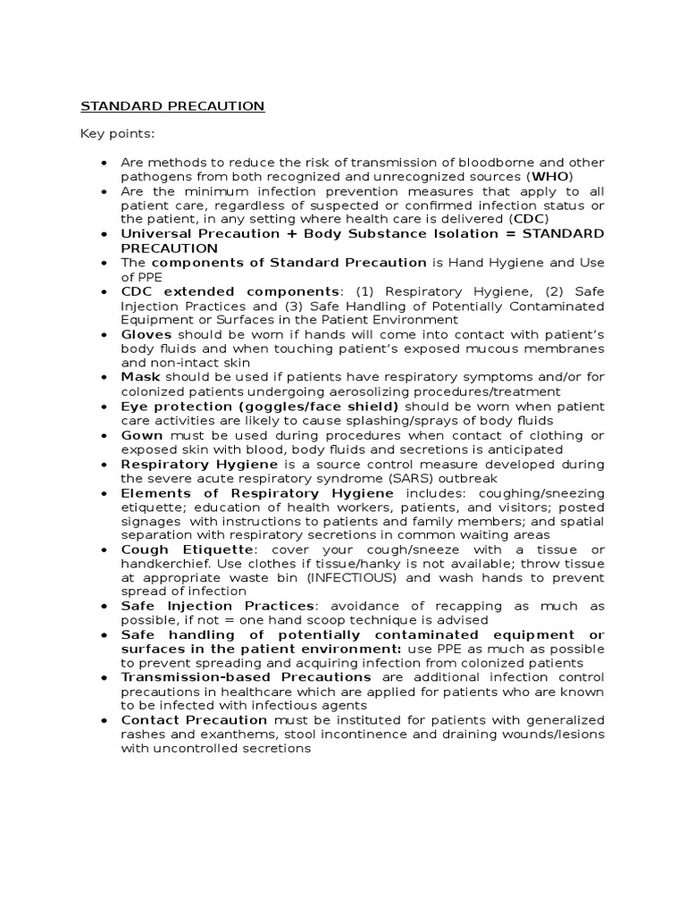 Standard Precaution Handout PDF Infection Control Infection