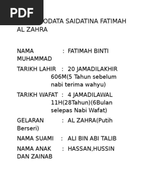 Biodata Saidatina Fatimah Al Zahra Ainul Folio Pdf