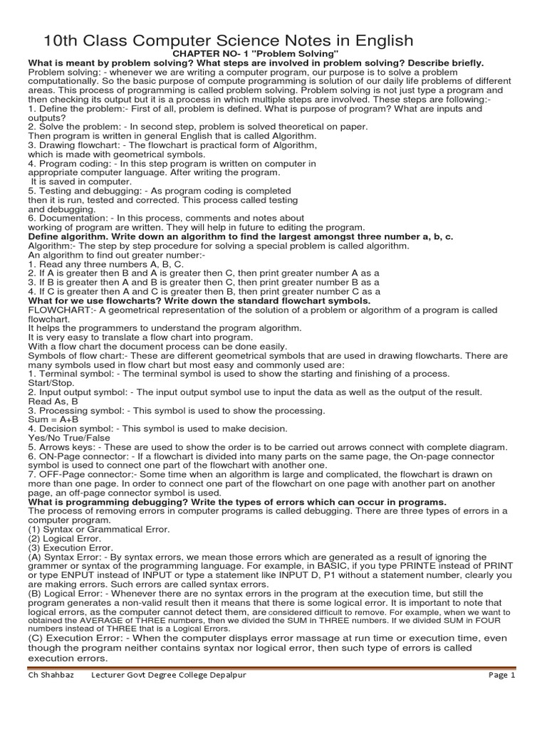 10th Class Computer Science Notes | PDF