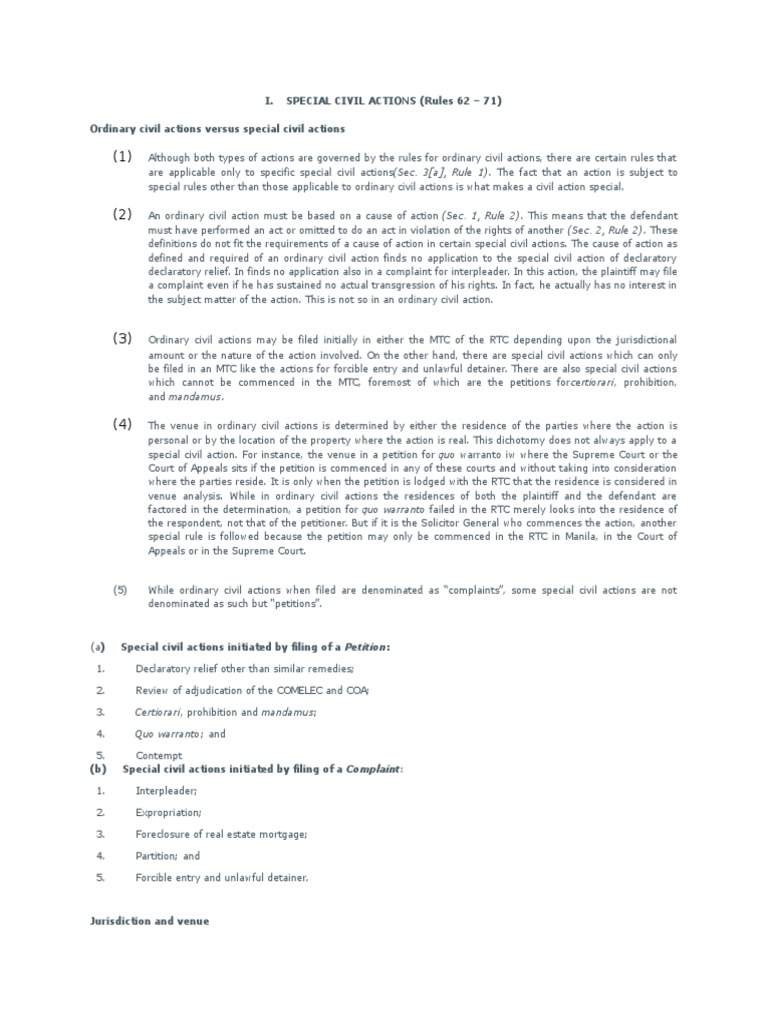 I Special Civil Actions Rules 62 71 Ordinary Civil Actions Versus
