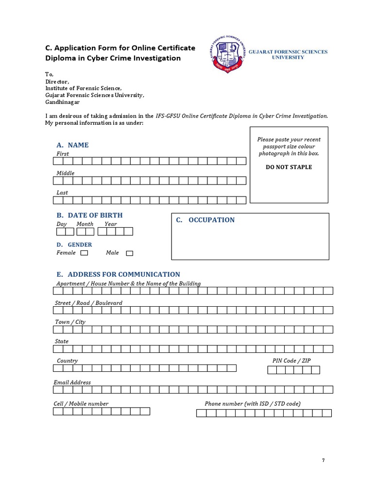 Application Form for Cyber Crime Investigation Forensic Science
