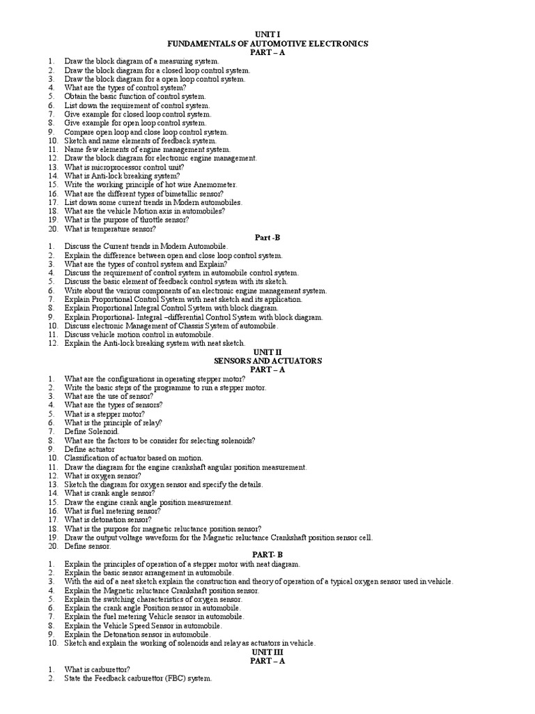 Automotive Electronics Question Bank PDF Fuel Injection Carburetor