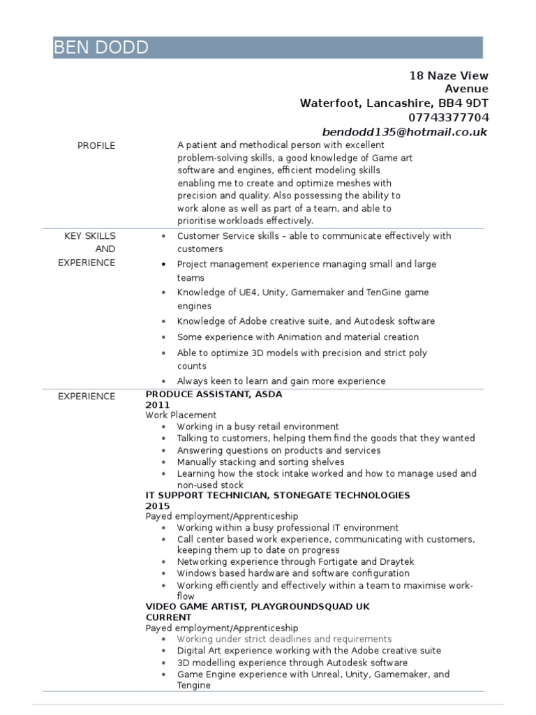 ben cv v5 | Apprenticeship | 3 D Modeling