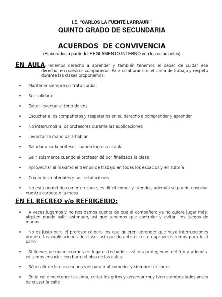 Acuerdos de convivencia para 5to grado | PDF | Crecimiento personal y ...