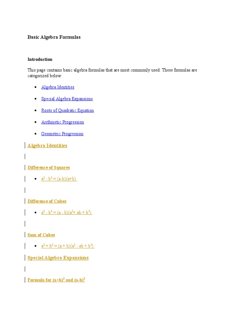 Basic Algebra Formulas