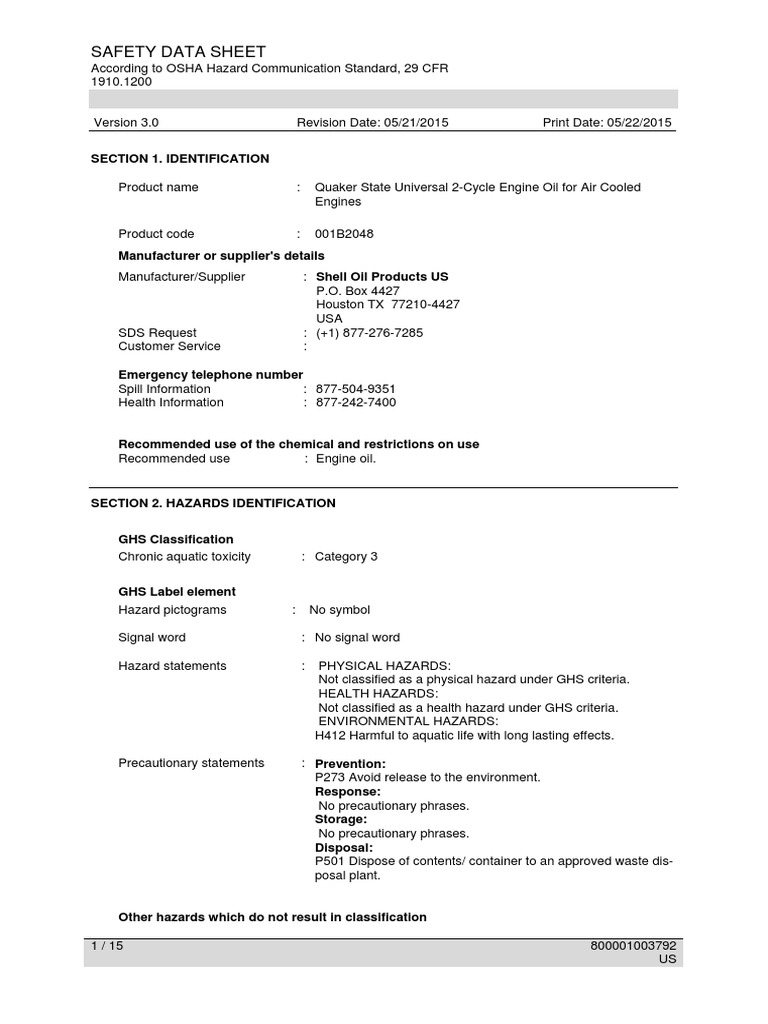 Quaker State 2 Cycle MSDS Personal Protective Equipment Dangerous Goods