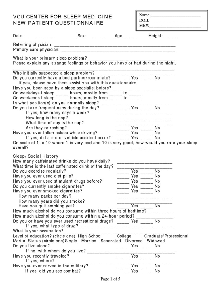 New Patient Sleep Assessment Form | PDF | Sleep | Dream