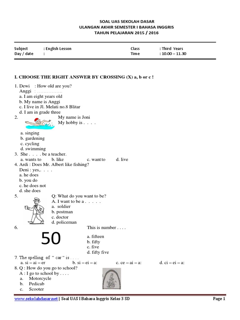 Soal Uas Bhs Inggris Kls 2 Sd Semester 1