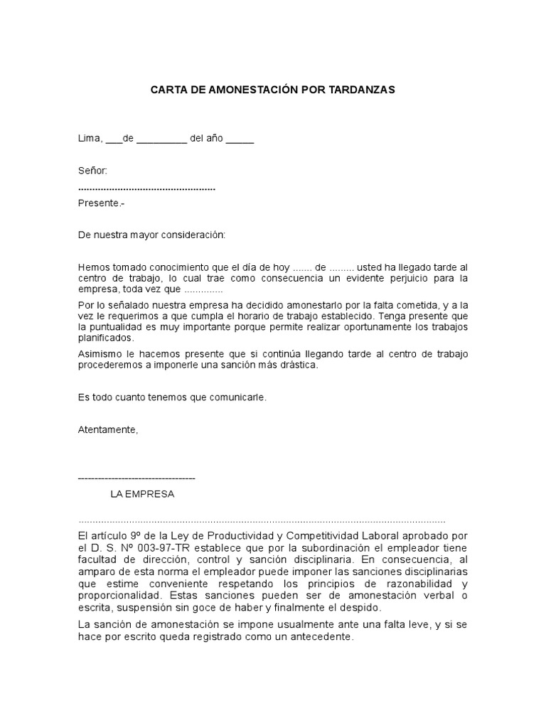 A. CARTA DE AMONESTACION POR TARDANZAS | PDF
