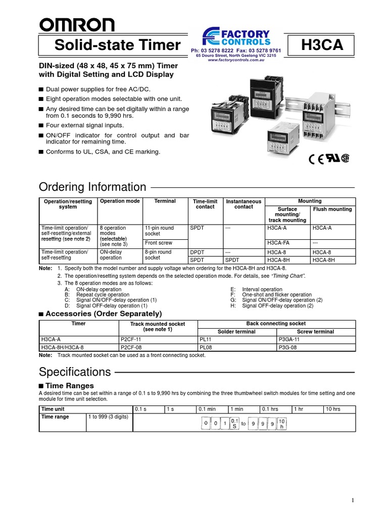 Omron H3CA Timer Datasheet Power Supply Transformer