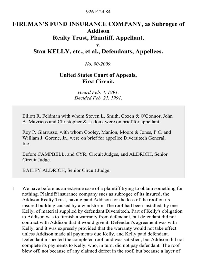 Fireman's Fund Insurance Company, as Subrogee of Addison Realty Trust v