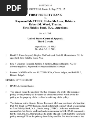First Fidelity Bank V Raymond Mcateer Helen Mcateer Debtors