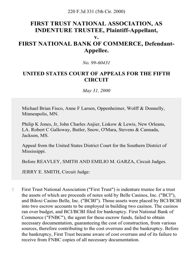First Trust National Association, As INDENTURE TRUSTEE, Plaintiff