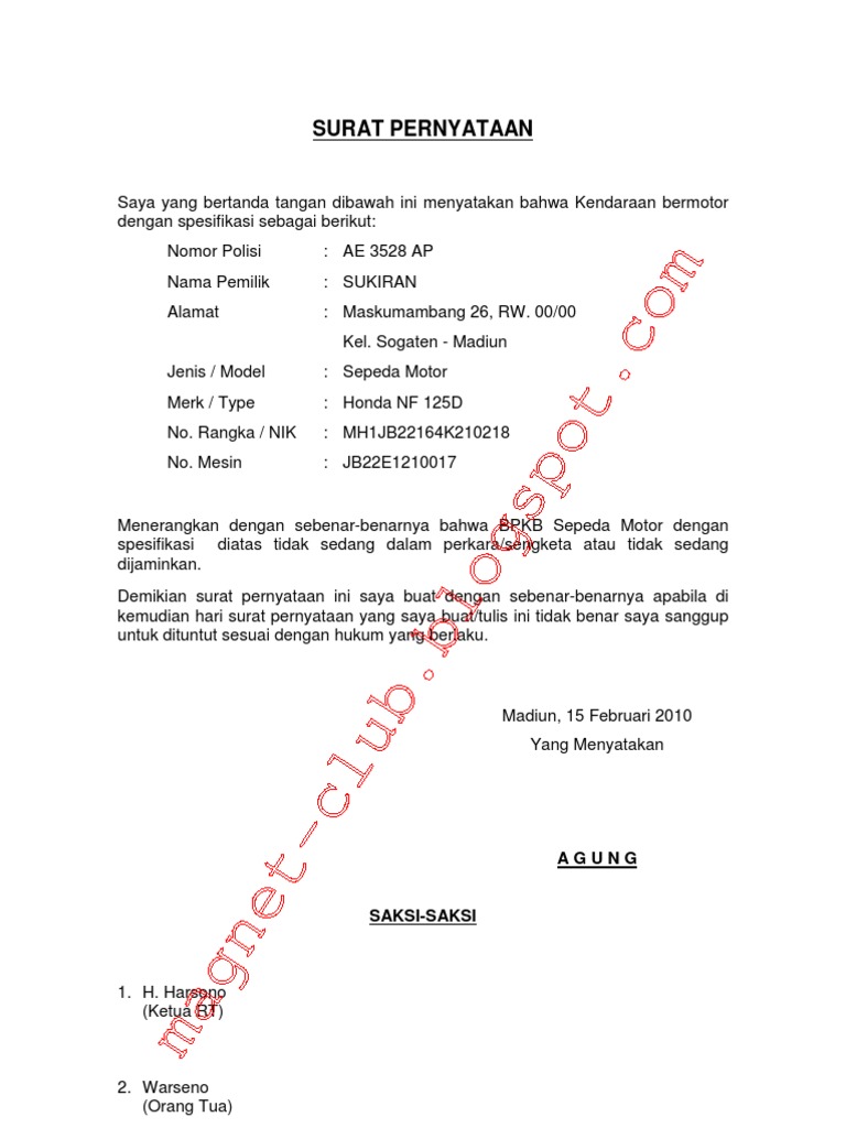 Surat Pernyataan BPKB Tidak Sedang Dijaminkan PDF