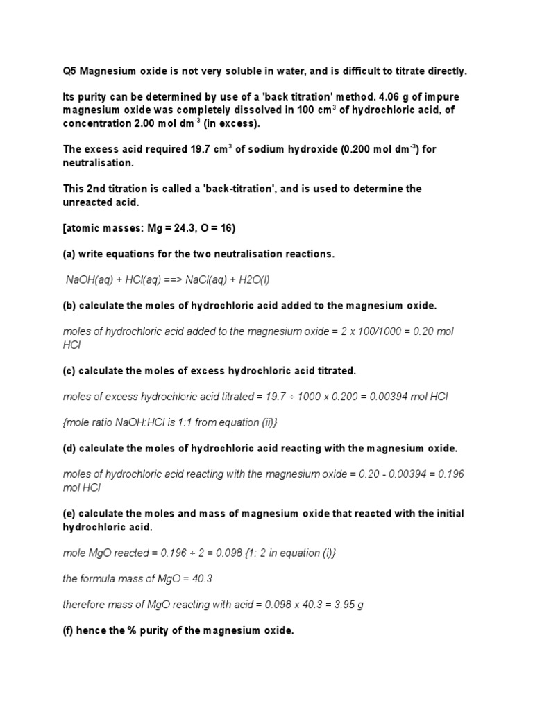 Back Titration PDF Magnesium Acid