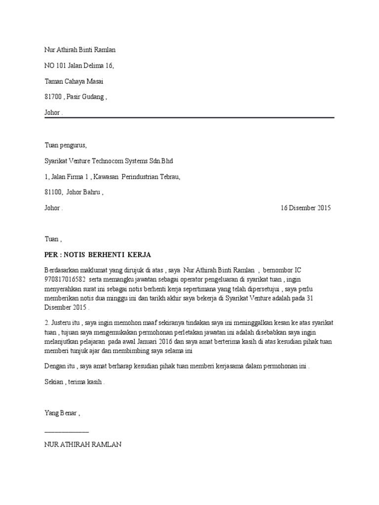 surat perletakan jawatan notis 2 minggu