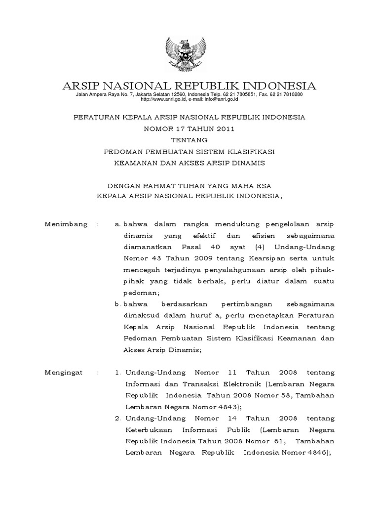 Peraturan Kepala Arsip Nasional RI nomor 17 Tahun 2011 tentang Pedoman