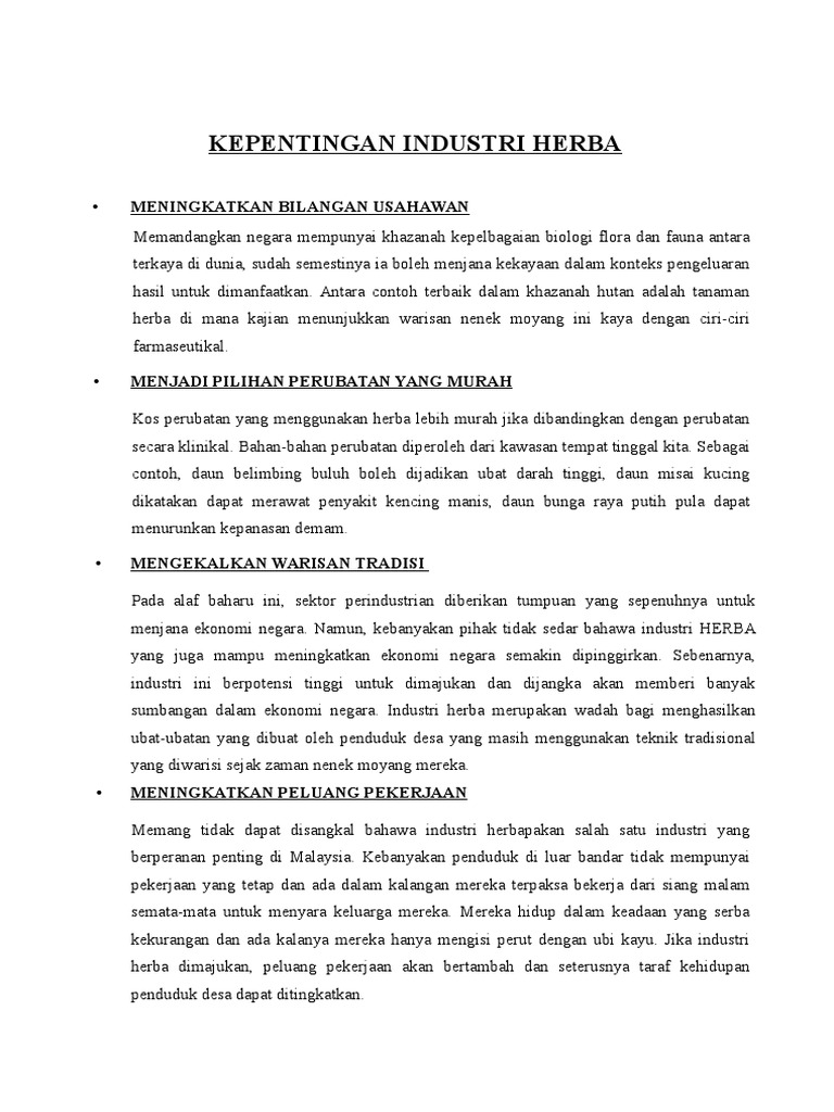 Kepentingan Industri Herba