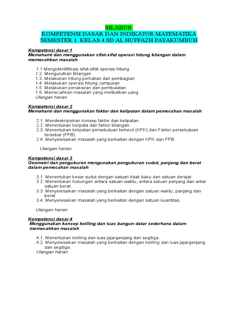 Kompetensi Dasar Dan Indikator Matematika Kelas 4 Pyk Pdf