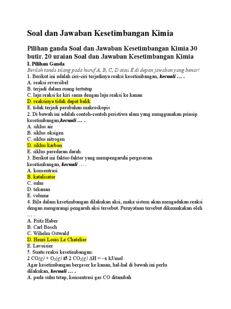 Materi Soal Dan Pembahasan Kesetimbangan Kimia