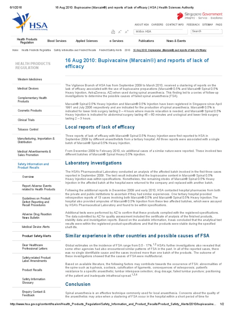 16 Aug 2010 - Bupivacaine (Marcain®) and Reports of Lack of Efficacy ...