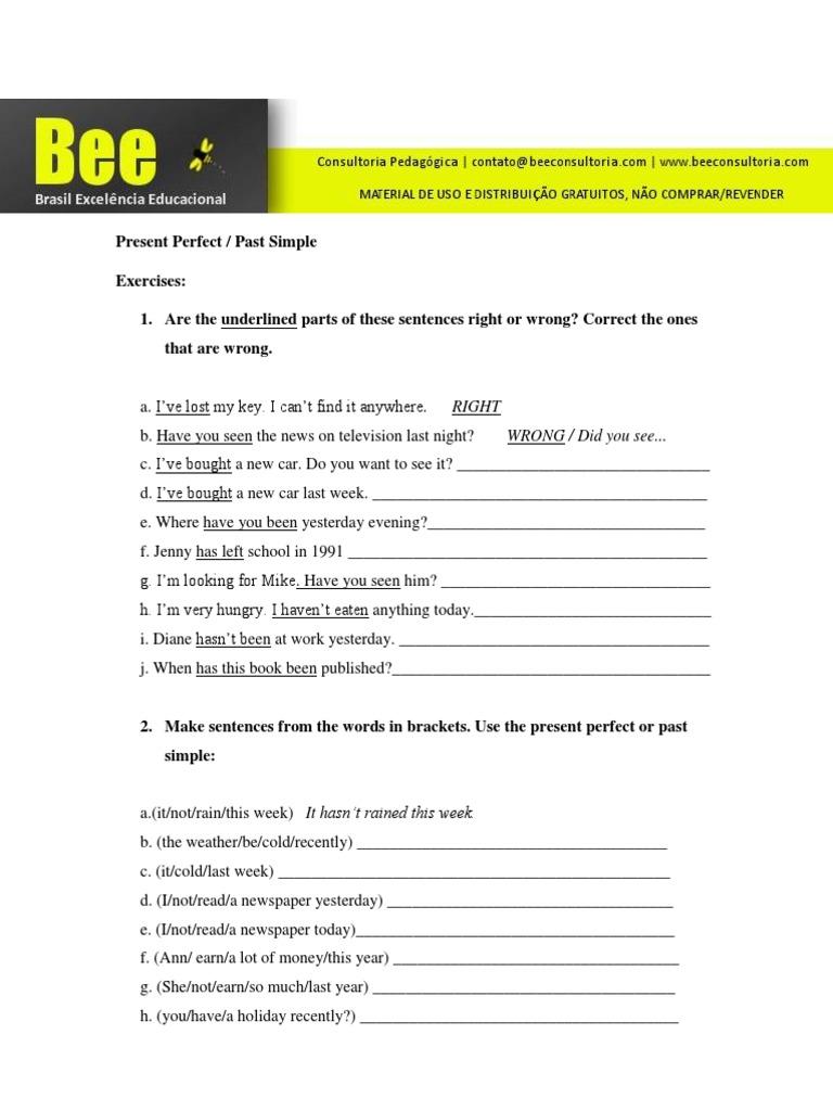 Present Perfect vs. Past Simple Exercises | PDF | Language Arts ...