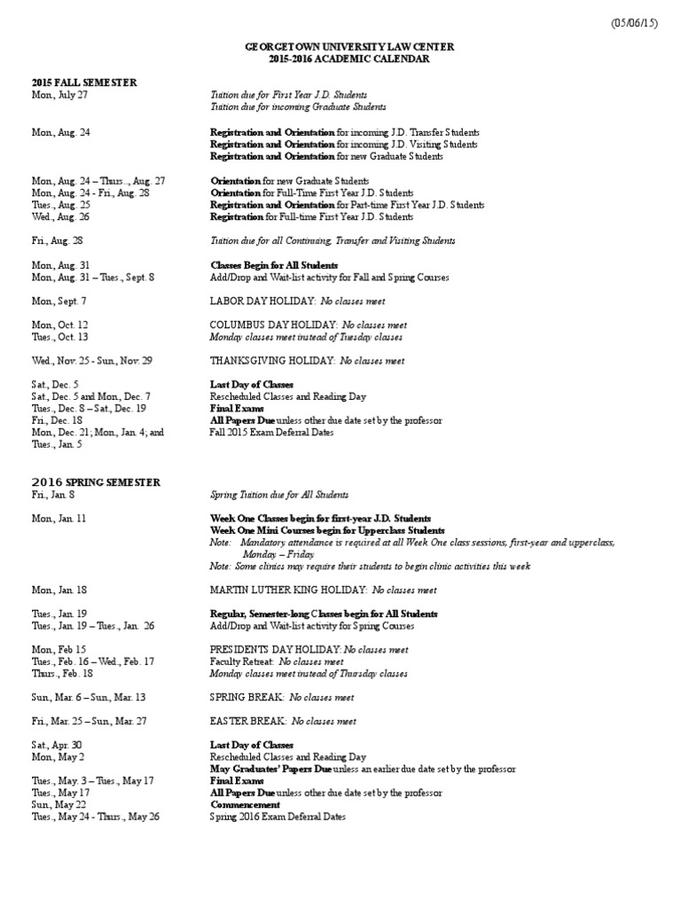 Georgetown University Law Center 2015-2016 Academic Calendar | PDF