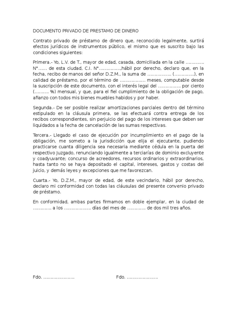 Contrato Privado de Préstamo de Dinero | PDF | Finanzas y dinero | Derecho