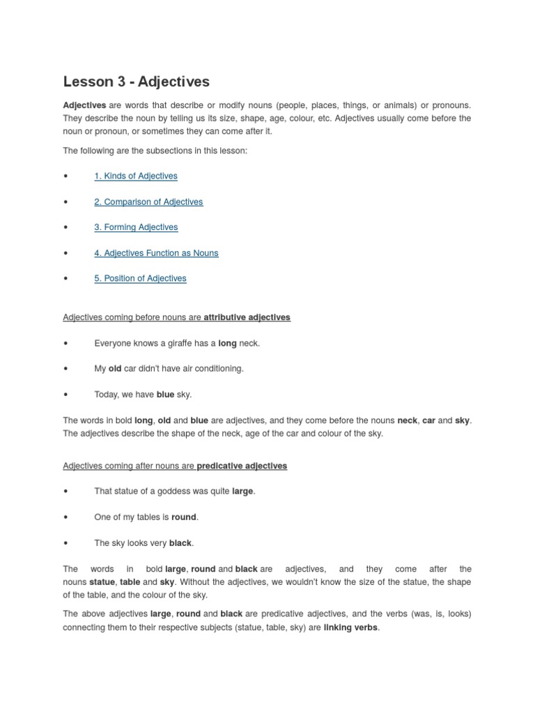 Lesson 3 Adjectives | PDF | Adjective | Noun