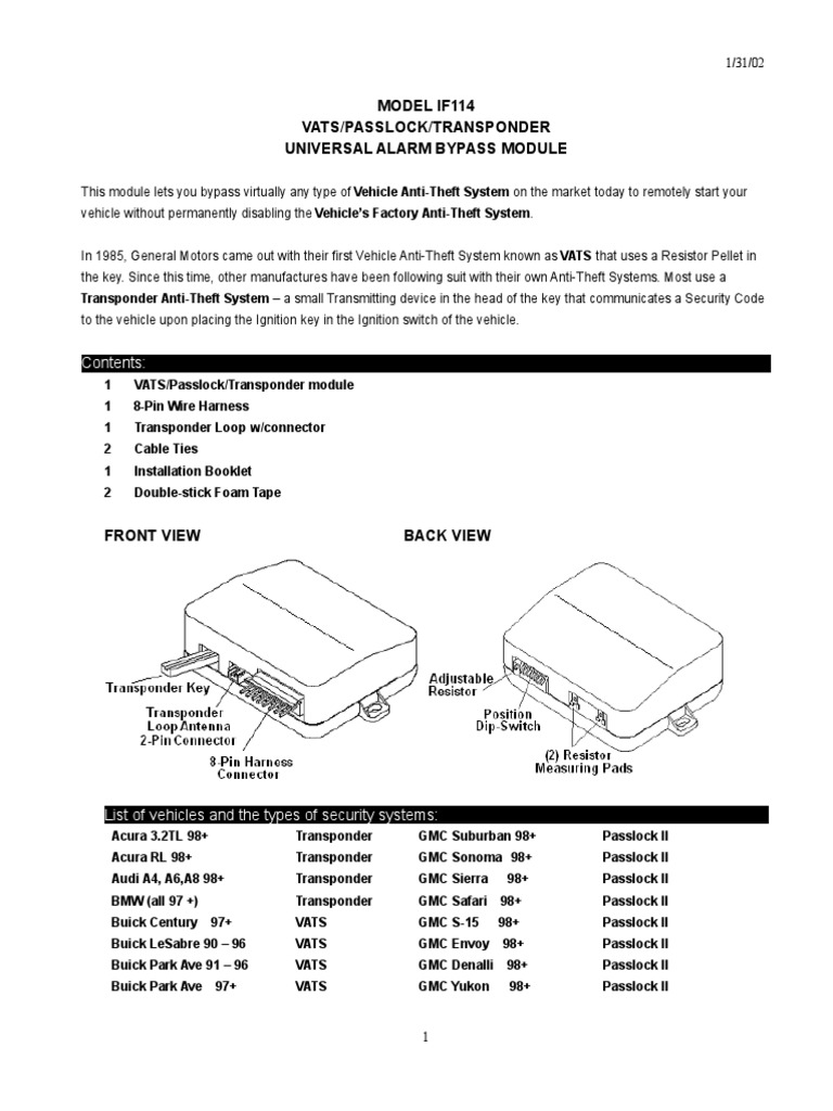 VATS/PASSLOCK/TRANSPONDER Bypass Module | PDF | Ignition System | Chevrolet