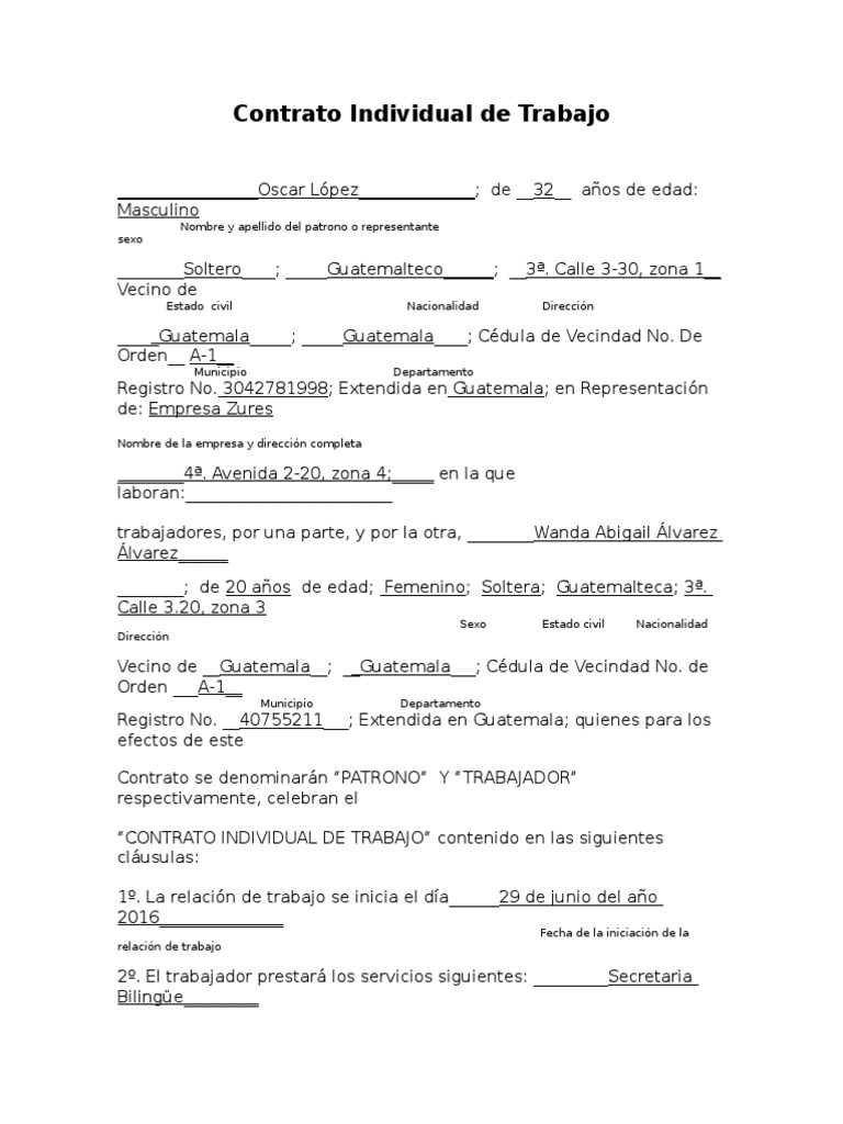 Contrato Individual de Trabajo Guatemala Instituciones