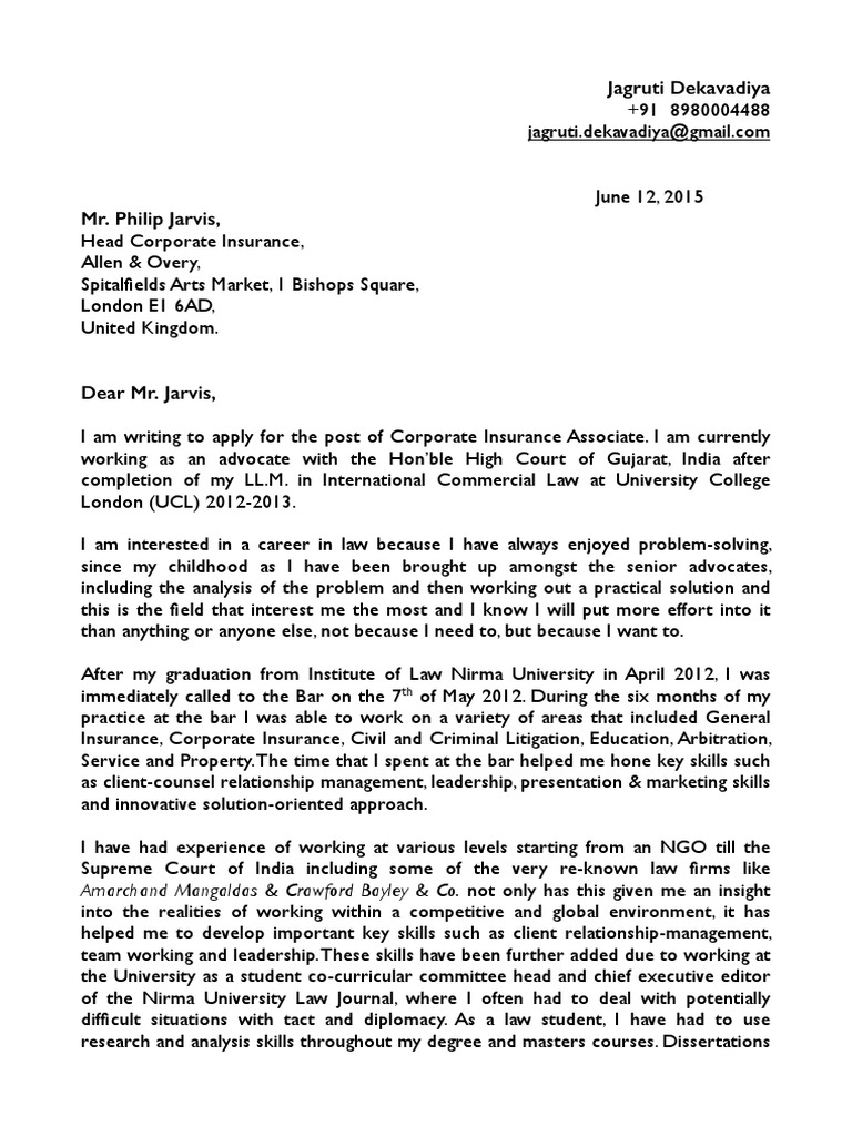 Cover Letter Allen &amp; Overy For Insurance Associate