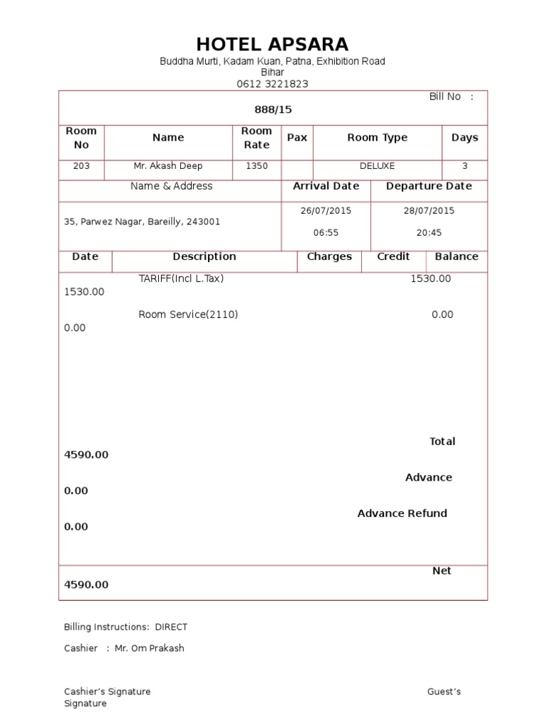 Hotel Boarding Bill 2