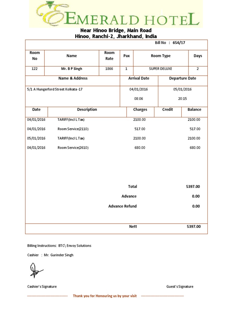 Ranchi Hotel Bill Format Sample | PDF