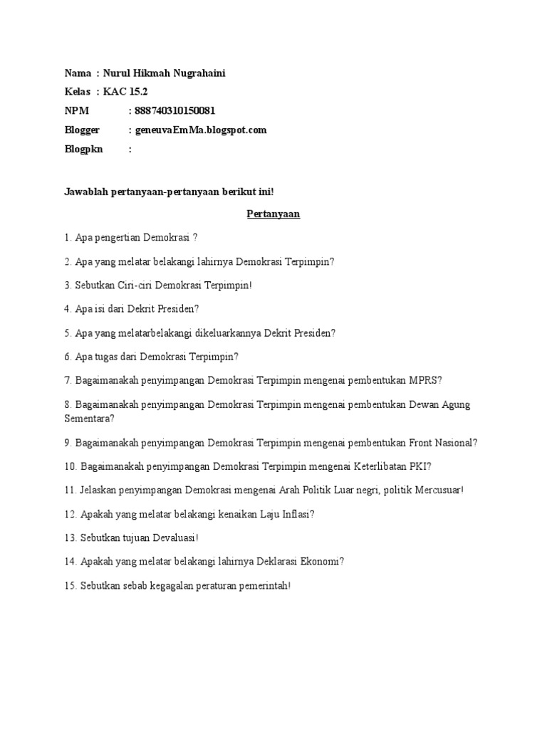 Soal 9 Smp Demokrasi Terpimpin