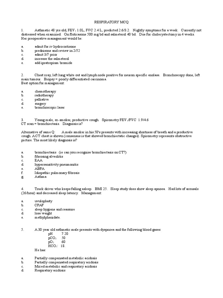 Respiratory MCQ PDF Lung Cancer Asthma
