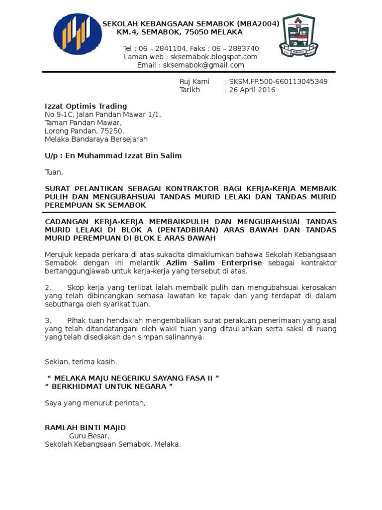 Contoh Ayat Surat Setuju Terima Perkhidmatan