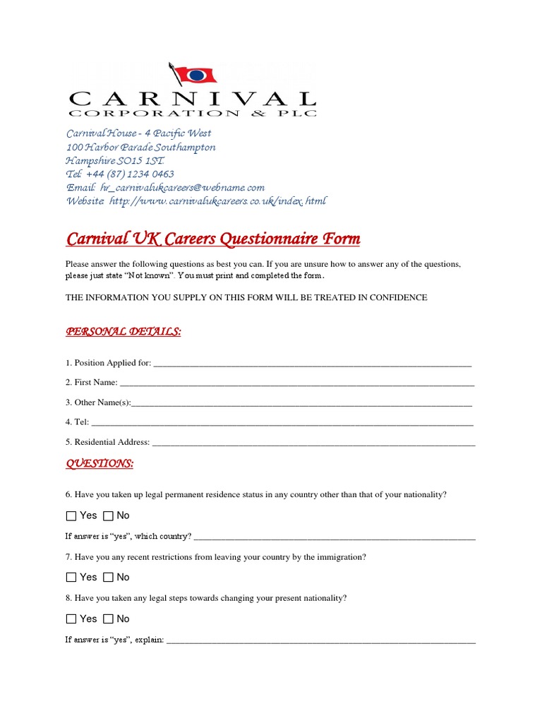 Carnival Uk Questionnaire Form