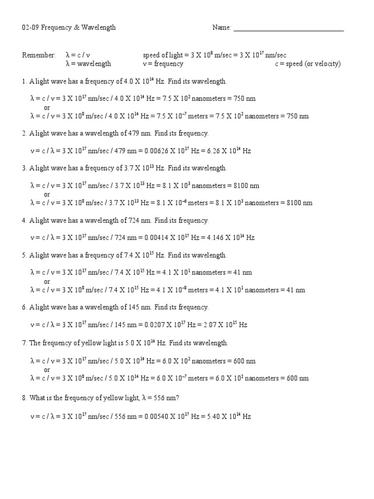 02-09 Frequency Wavelength Worksheet - Answers | PDF