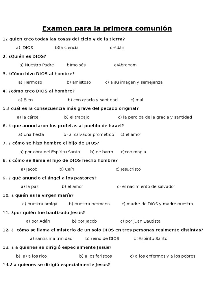 Examen Para La Primera Comunión eucaristía María, madre de Jesús