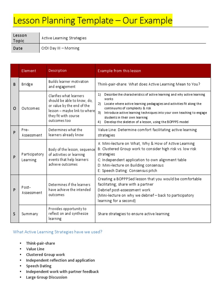 Active Learning Lesson Plan Template | PDF