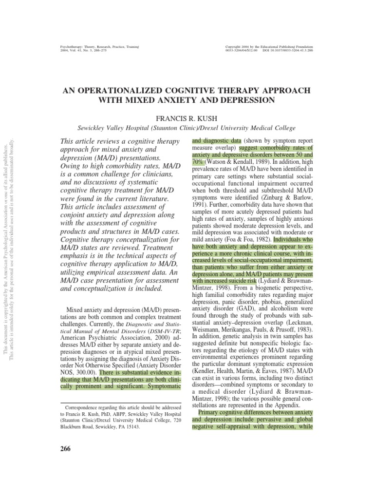 Cognitive Therapy With Mixed Anxiety Depression Major Depressive