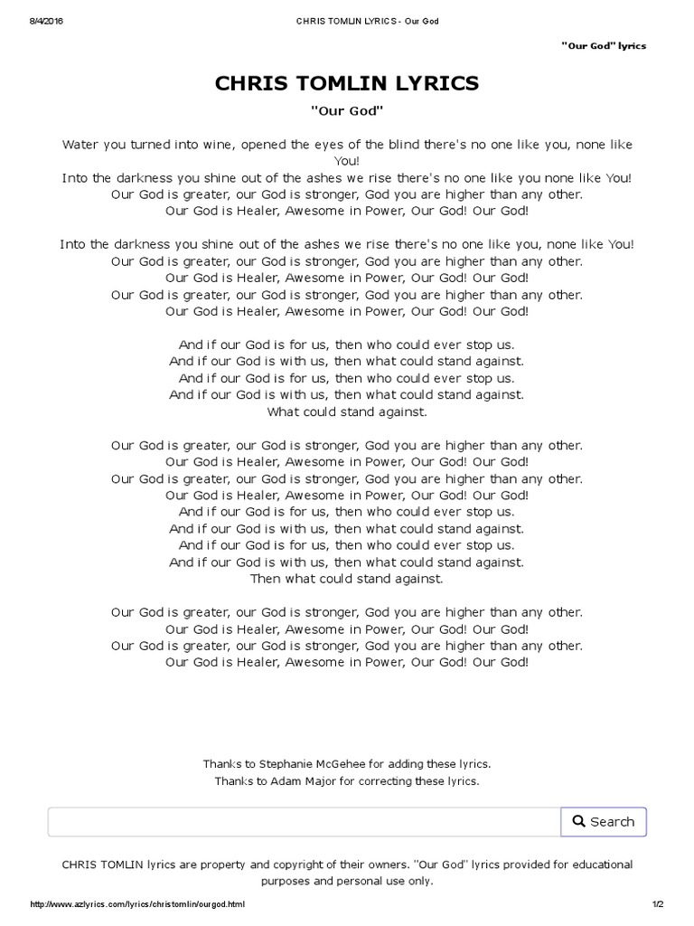 Chris Tomlin Lyrics Our God Letra