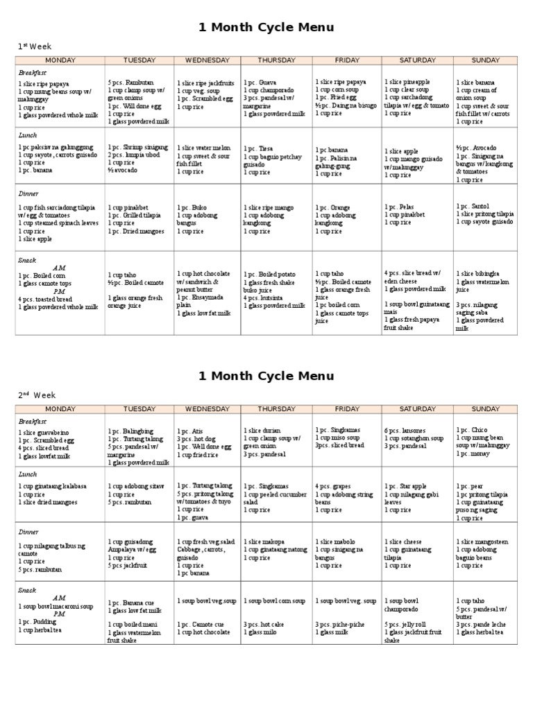 1 Month Cycle Menu Lea Foods Computing And Information Technology