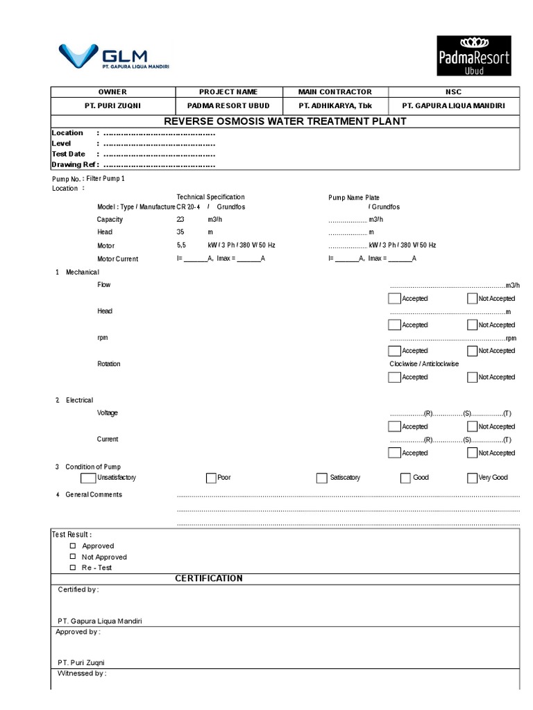 RO Plant Testing and Certification Report | PDF | Pump | Water Treatment