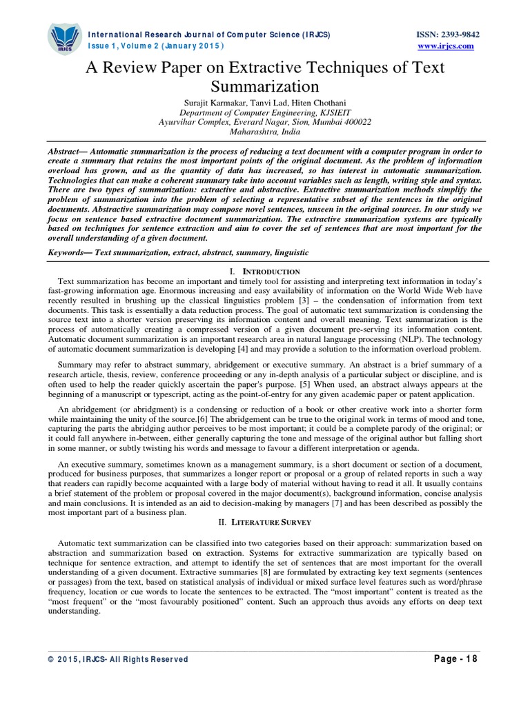 A Review Paper On Extractive Techniques of Text Summarization | PDF ...