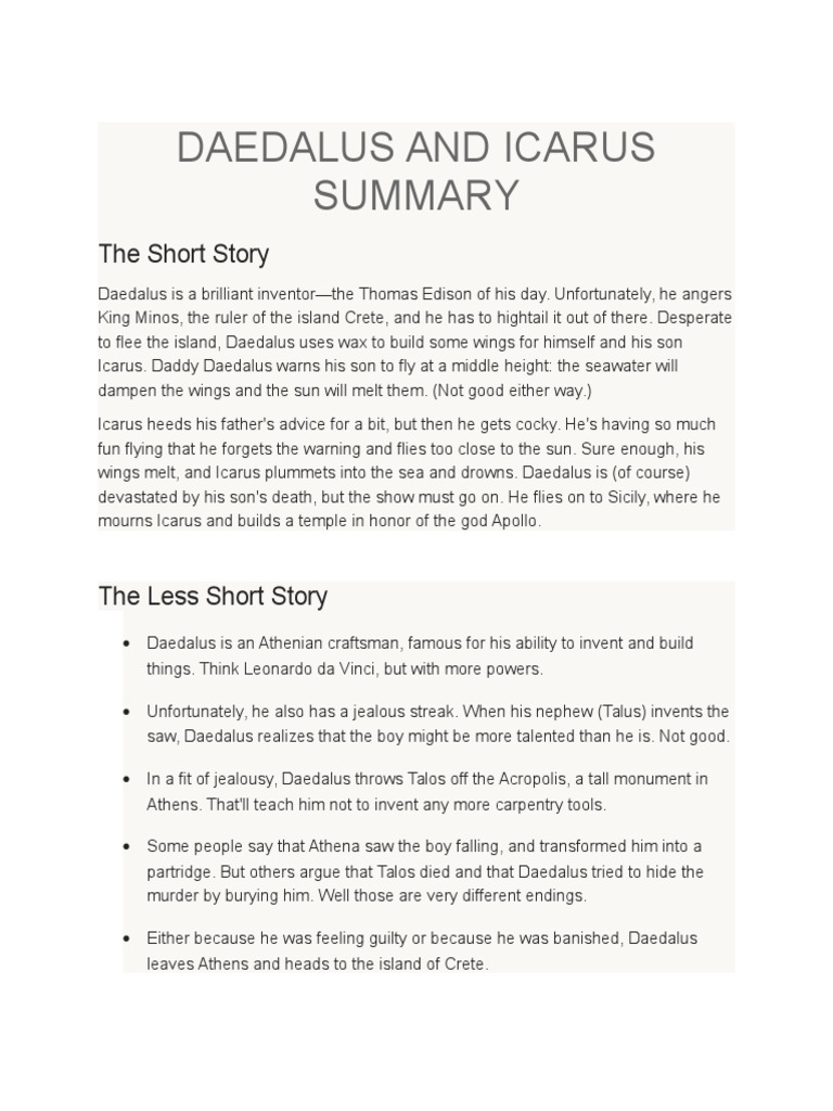 Daedalus and Icarus Summary Theseus Greek Mythology